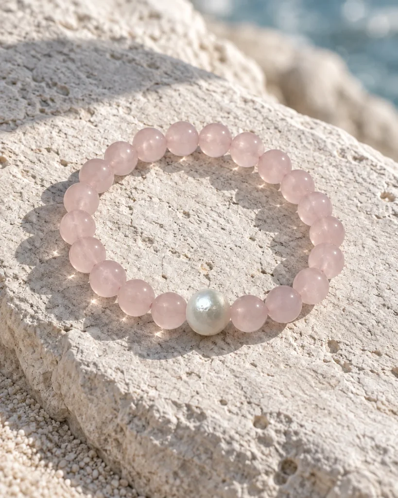 Blush Veil rose quartz and pearl bracelet resting on a pale textured rock