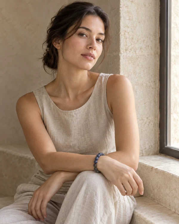 Model wearing the Dusk Meridian blue and grey bracelet beside a stone window