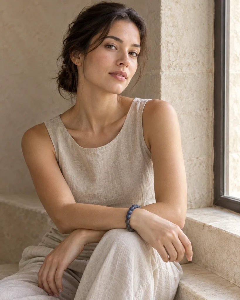 Model wearing the Dusk Meridian blue and grey bracelet beside a stone window