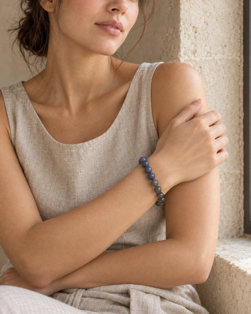 Dusk Meridian kyanite and grey moonstone bracelet worn with a neutral sleeveless dress