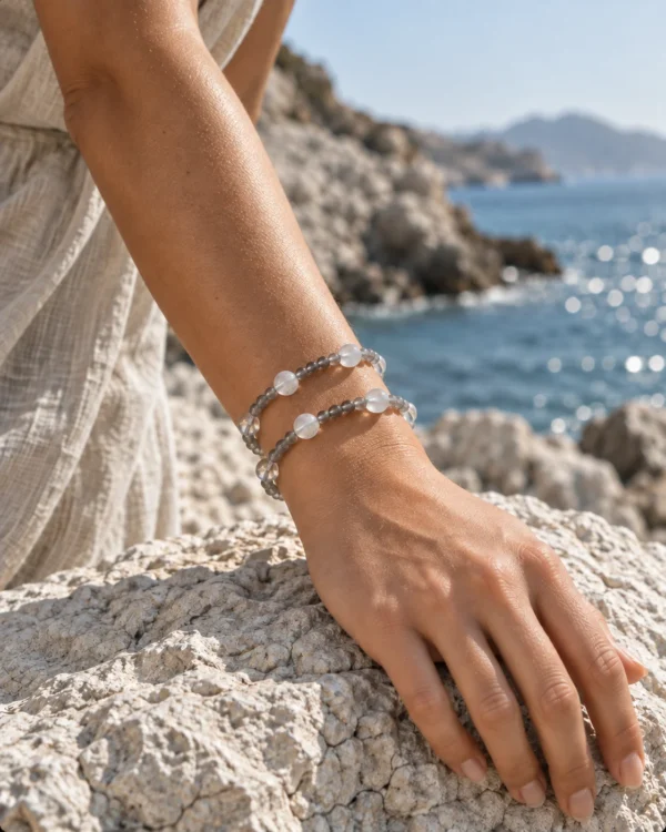 Close-up of Quiet Orbit quartz and moonstone beads arranged in two rows on a wrist beside coastal rocks