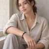 Model wearing the Silver Nocturne obsidian bracelet with a linen shirt by a stone window