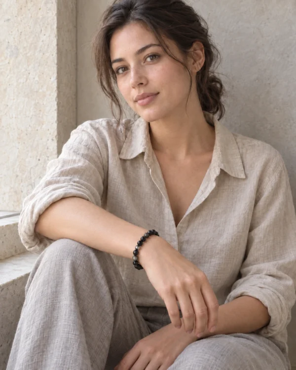 Model wearing the Silver Nocturne obsidian bracelet with a linen shirt by a stone window
