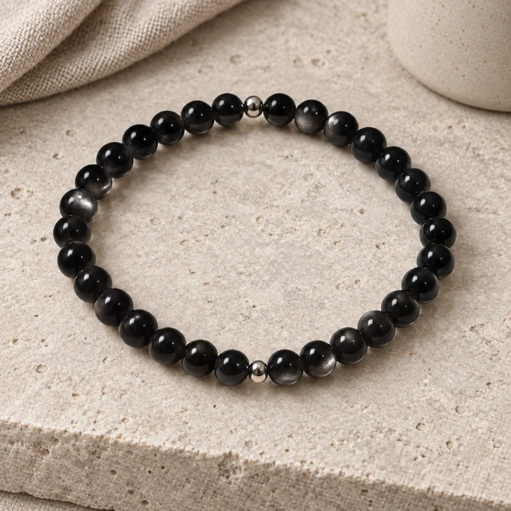 Silver Nocturne obsidian and sterling silver bracelet on pale stone beside linen